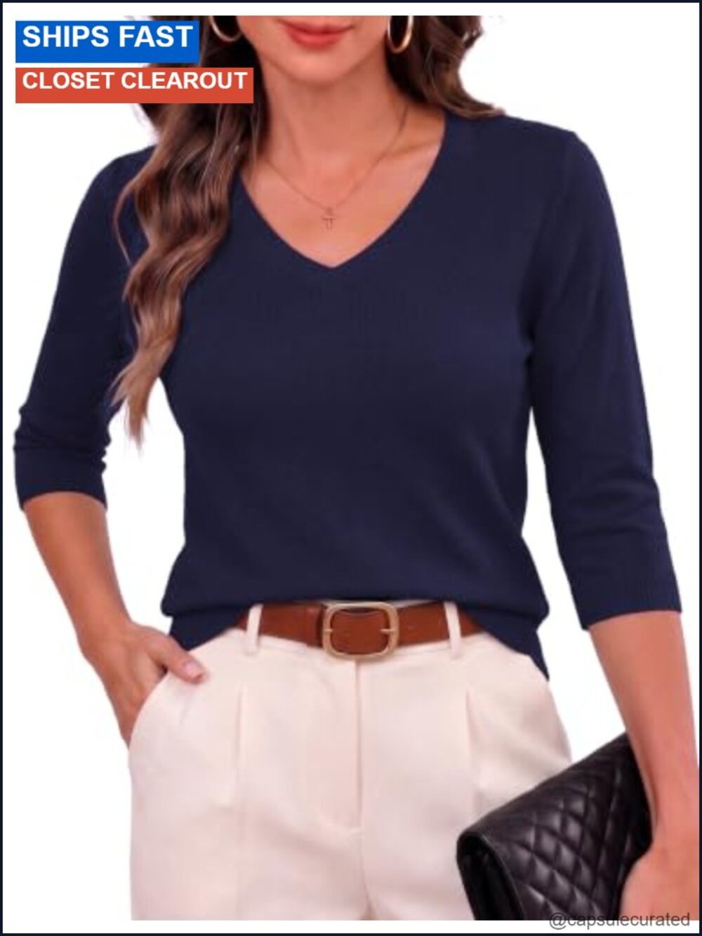 Wool Blend 3/4 Sleeve V-Neck Pullover Sweater